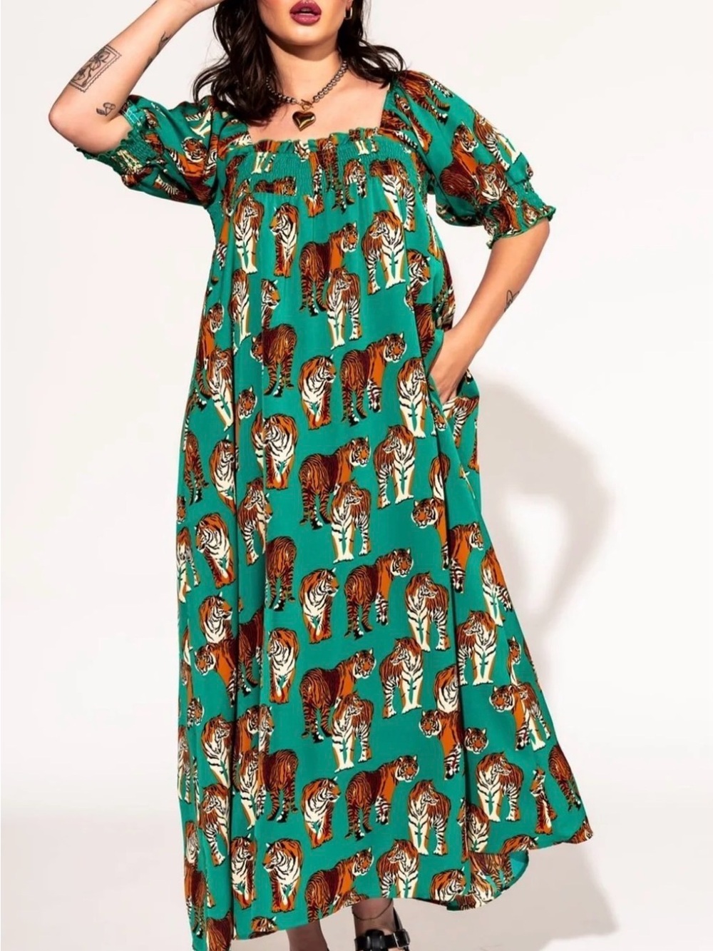 Dressed in LALA Emerald Green Tiger-Print Midi Dress